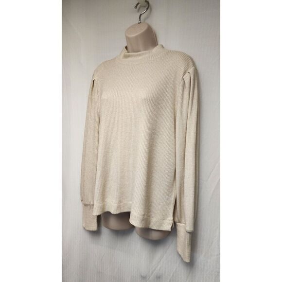 LOFT Women's Long Balloon Sleeve Pullover Gold Metallic Cream Sweater Size XL - Picture 3 of 8